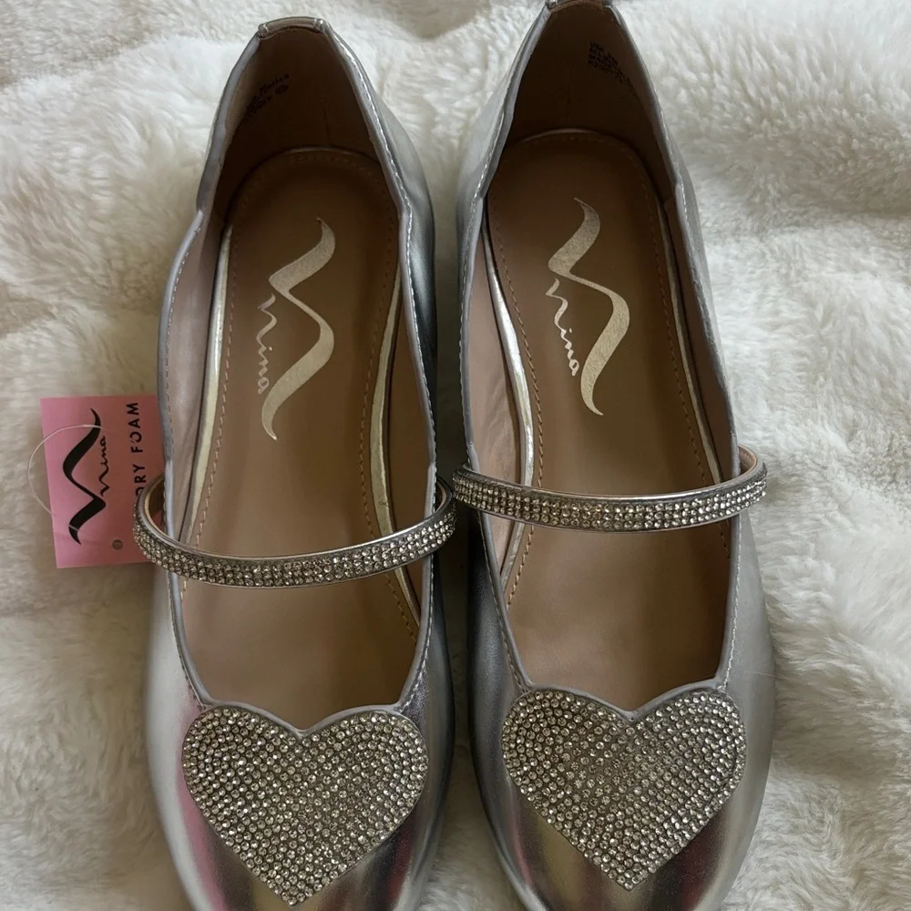 Girls Nina Silver Flats Elyana Rhinestone Sz 3 NIB NWT Memory Foam